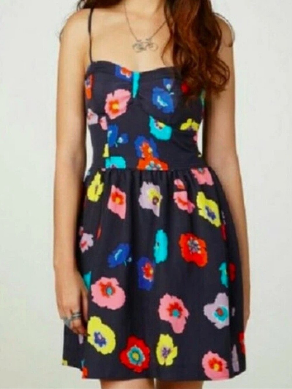 American Eagle Outfitters Navy Floral Midi Dress with Multicolor Blooms